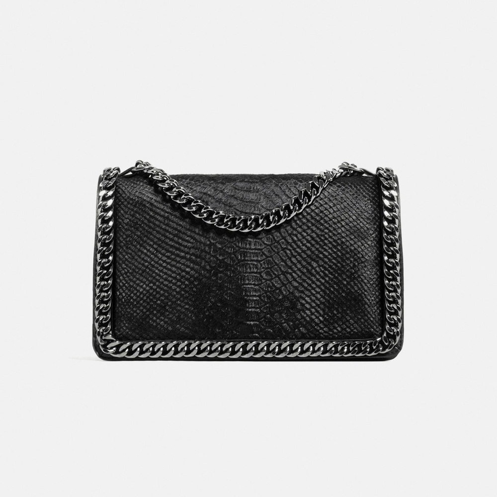 Black Leather Embossed Chain Shoulder Bag